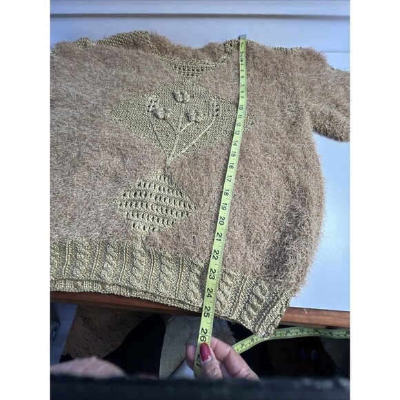 VTG Sweater Crochet Handmade Gold Brown Short sleeves 3d Flower Eye Lashes - Picture 8 of 9